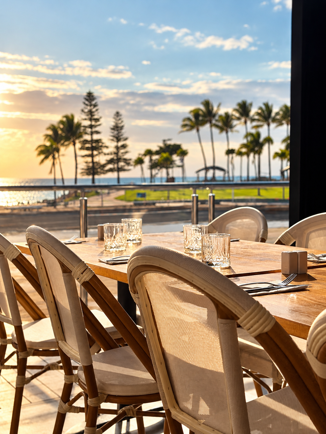 Waterfront dining table at golden hour